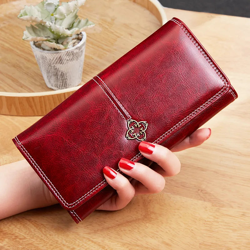 Retro Women's Wallet Oil Wax PU Leather Long Card Holder Soft Wallets for Women Large Capacity Girls Clutch Purse Ladies Wallet