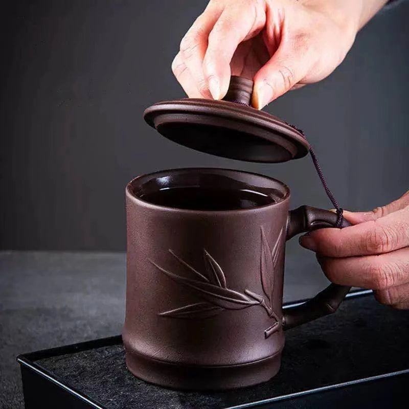 Retro Yixing Mug with Lid Peach Bamboo Purple Clay Tea Cup 400ml Teacup Office Zisha Tea Mug Traditional Chinese Teaware