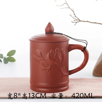 Retro Yixing Mug with Lid Peach Bamboo Purple Clay Tea Cup 400ml Teacup Office Zisha Tea Mug Traditional Chinese Teaware
