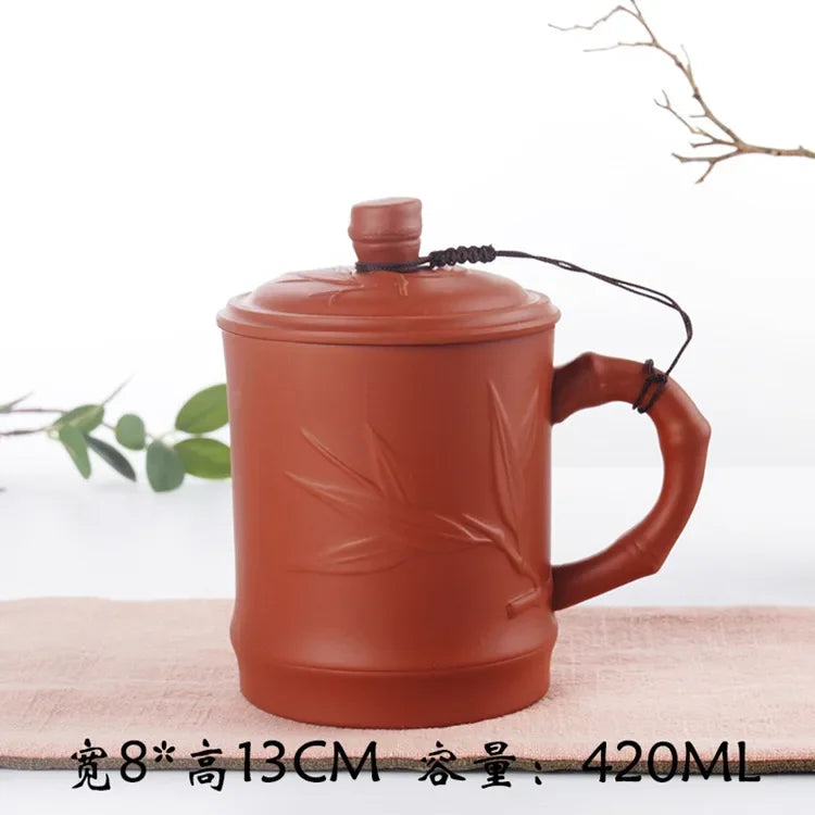 Retro Yixing Mug with Lid Peach Bamboo Purple Clay Tea Cup 400ml Teacup Office Zisha Tea Mug Traditional Chinese Teaware