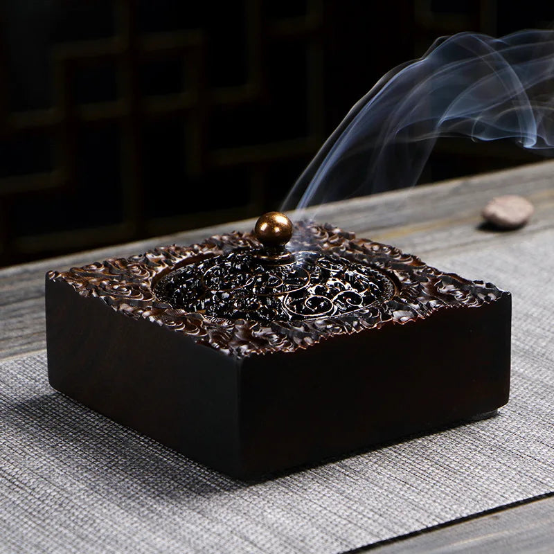 Retro Zen Backflow Incense Burner Pure Copper Lid Wooden Incense Burner Ebony Incense Burner Home Indoor Coil Incense Burner