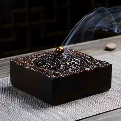 Retro Zen Backflow Incense Burner Pure Copper Lid Wooden Incense Burner Ebony Incense Burner Home Indoor Coil Incense Burner