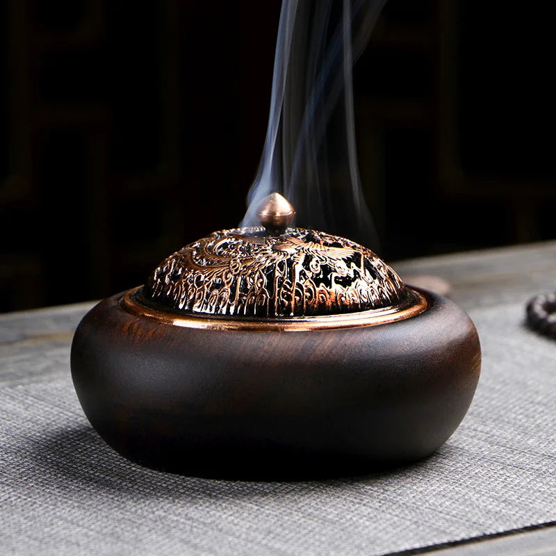 Retro Zen Backflow Incense Burner Pure Copper Lid Wooden Incense Burner Ebony Incense Burner Home Indoor Coil Incense Burner