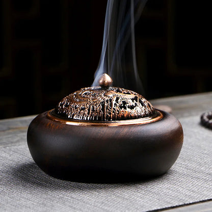 Retro Zen Backflow Incense Burner Pure Copper Lid Wooden Incense Burner Ebony Incense Burner Home Indoor Coil Incense Burner