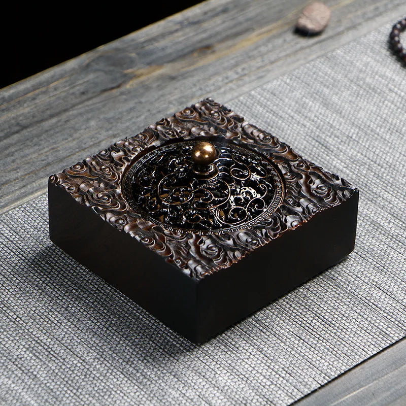Retro Zen Backflow Incense Burner Pure Copper Lid Wooden Incense Burner Ebony Incense Burner Home Indoor Coil Incense Burner
