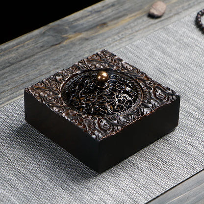 Retro Zen Backflow Incense Burner Pure Copper Lid Wooden Incense Burner Ebony Incense Burner Home Indoor Coil Incense Burner