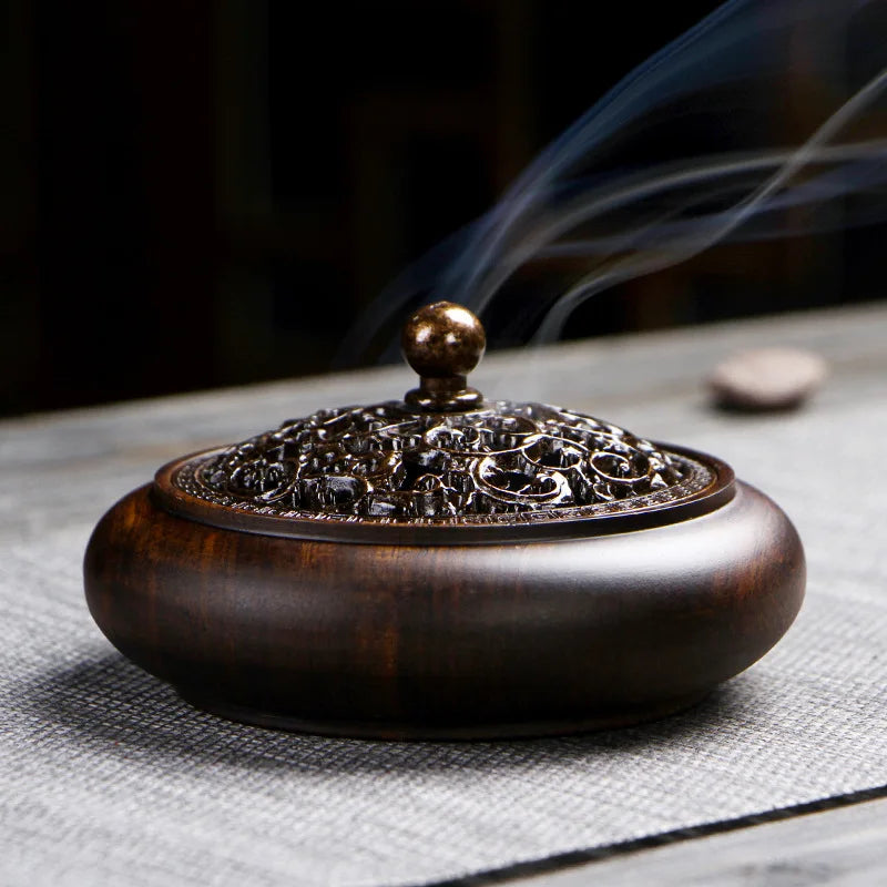 Retro Zen Backflow Incense Burner Pure Copper Lid Wooden Incense Burner Ebony Incense Burner Home Indoor Coil Incense Burner