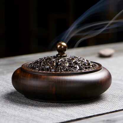 Retro Zen Backflow Incense Burner Pure Copper Lid Wooden Incense Burner Ebony Incense Burner Home Indoor Coil Incense Burner