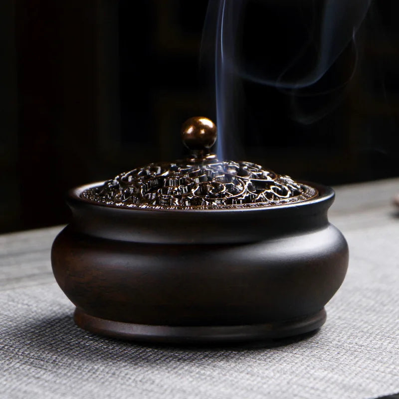 Retro Zen Backflow Incense Burner Pure Copper Lid Wooden Incense Burner Ebony Incense Burner Home Indoor Coil Incense Burner