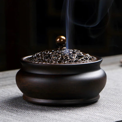 Retro Zen Backflow Incense Burner Pure Copper Lid Wooden Incense Burner Ebony Incense Burner Home Indoor Coil Incense Burner