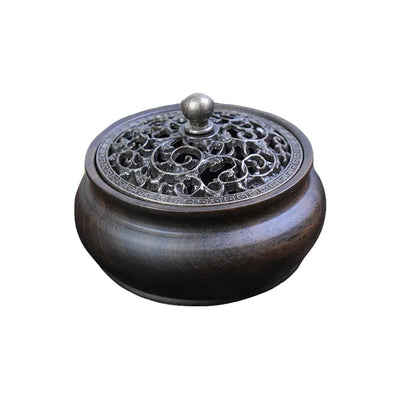 Retro Zen Backflow Incense Burner Pure Copper Lid Wooden Incense Burner Ebony Incense Burner Home Indoor Coil Incense Burner