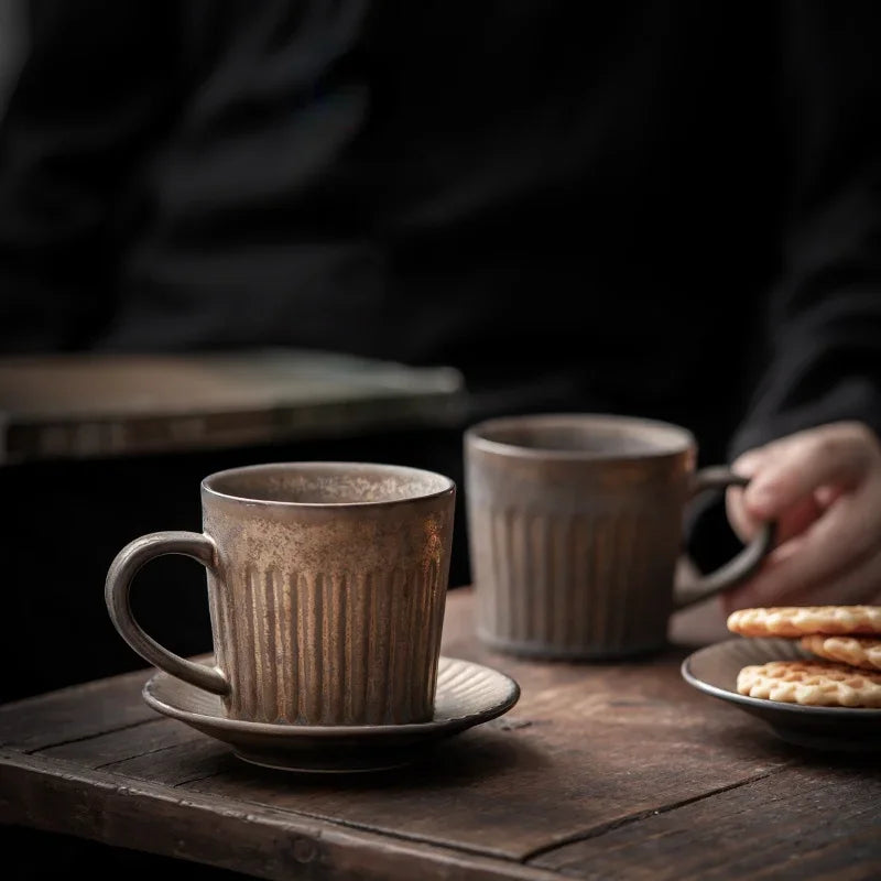 Retro coffee cup set Japanese ceramic high-end with saucer ins wind handmade creative stoneware milk breakfast cup