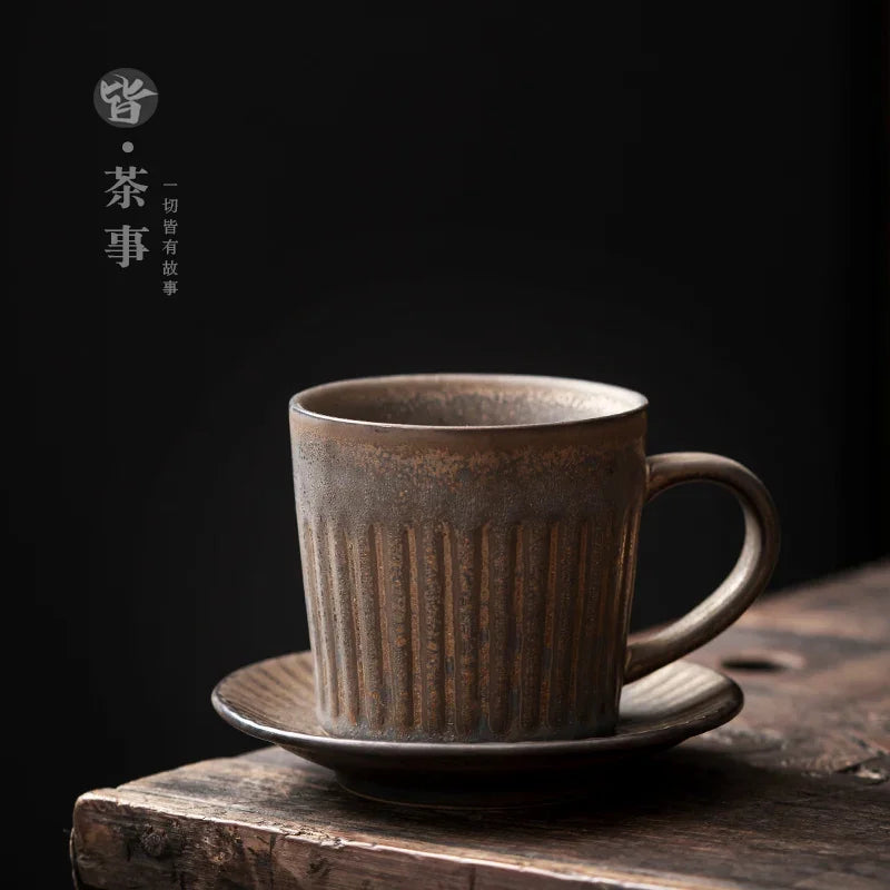 Retro coffee cup set Japanese ceramic high-end with saucer ins wind handmade creative stoneware milk breakfast cup