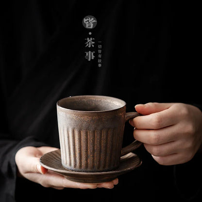 Retro coffee cup set Japanese ceramic high-end with saucer ins wind handmade creative stoneware milk breakfast cup