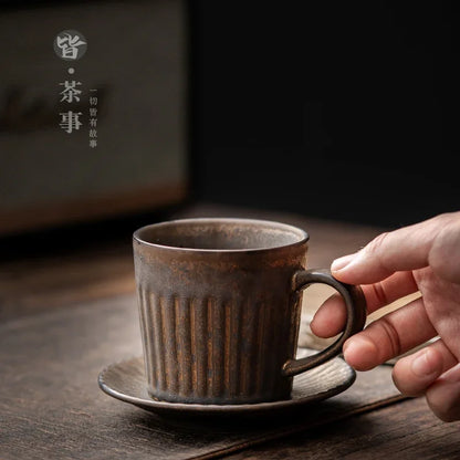 Retro coffee cup set Japanese ceramic high-end with saucer ins wind handmade creative stoneware milk breakfast cup