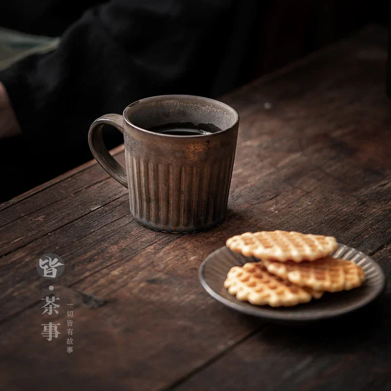 Retro coffee cup set Japanese ceramic high-end with saucer ins wind handmade creative stoneware milk breakfast cup