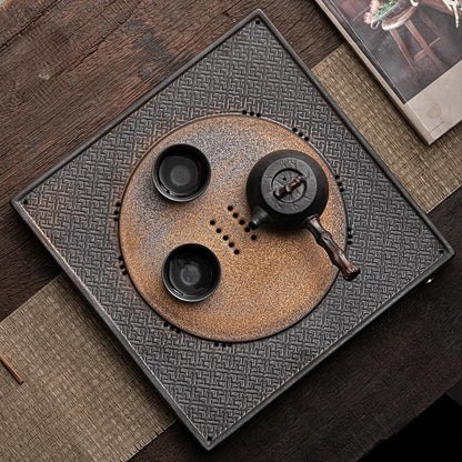 Retro creative ceramic tea tray, antique gilt stoneware, dual-use square tea tray, drain tea table, Japanese style simple tray