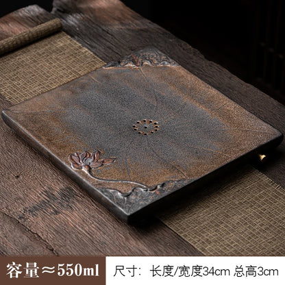 Retro creative ceramic tea tray, antique gilt stoneware, dual-use square tea tray, drain tea table, Japanese style simple tray
