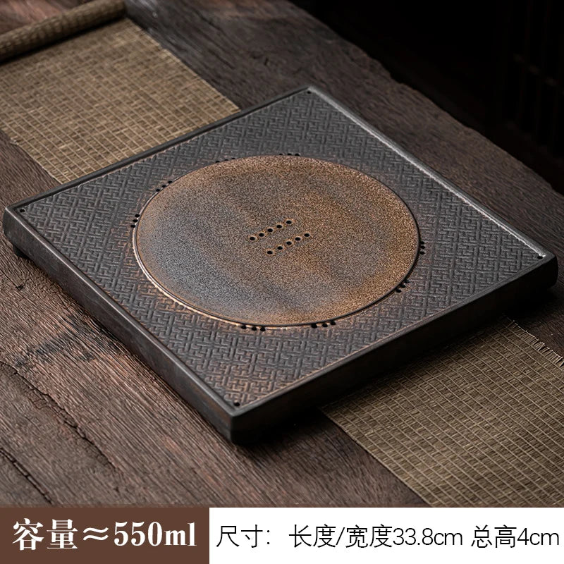Retro creative ceramic tea tray, antique gilt stoneware, dual-use square tea tray, drain tea table, Japanese style simple tray