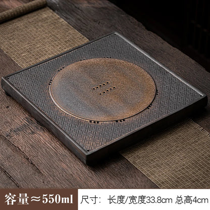 Retro creative ceramic tea tray, antique gilt stoneware, dual-use square tea tray, drain tea table, Japanese style simple tray