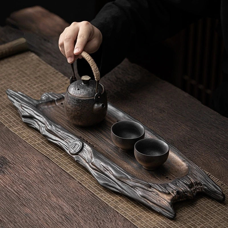 Retro creative stoneware dry soaking tray ceramic small tea table imitation withered wood tea tray Japanese style simple tray