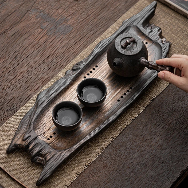 Retro creative stoneware dry soaking tray ceramic small tea table imitation withered wood tea tray Japanese style simple tray