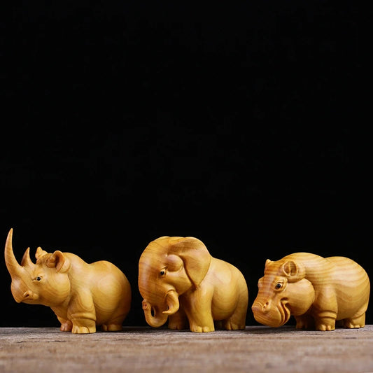 Rhinoceros Elephant Hippopotamus African Animal Statue Boxwood Carving Handmade Figurines Animal Sculpture Ornaments Collection