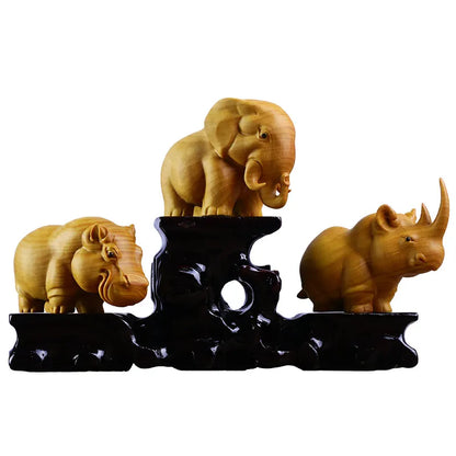 Rhinoceros Elephant Hippopotamus African Animal Statue Boxwood Carving Handmade Figurines Animal Sculpture Ornaments Collection
