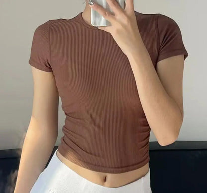 Ribbed Round Neck Short T-shirt Women Base Lining Sexy Slim Fit  Versatile Top For Women