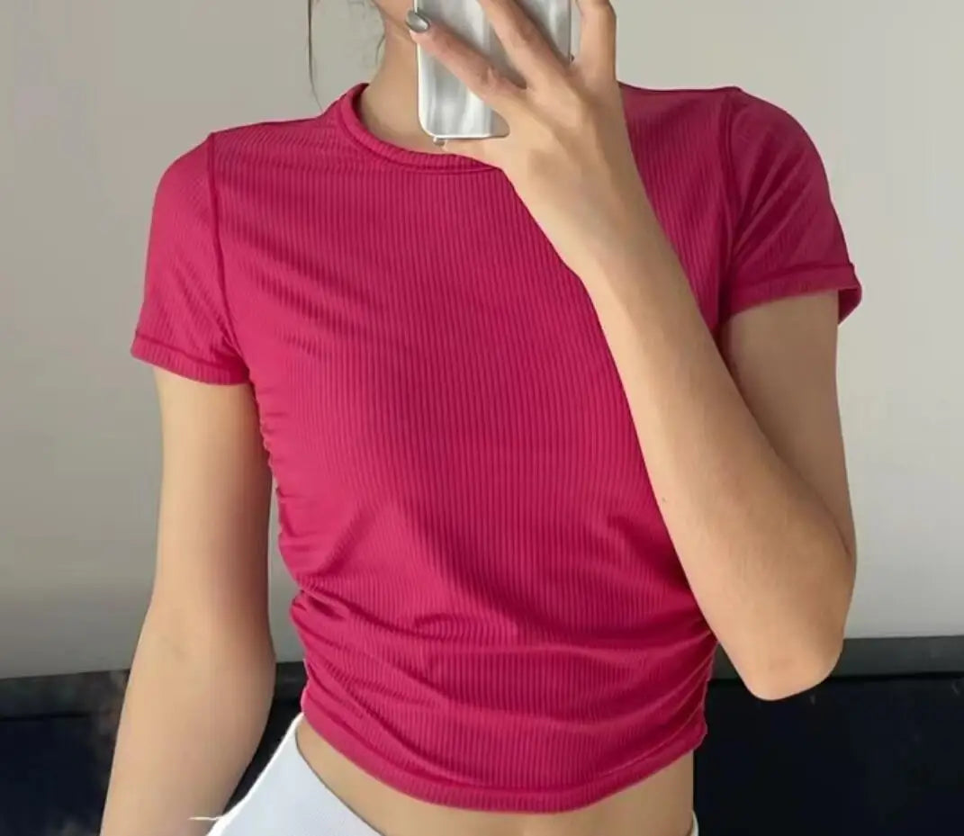 Ribbed Round Neck Short T-shirt Women Base Lining Sexy Slim Fit  Versatile Top For Women
