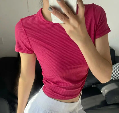 Ribbed Round Neck Short T-shirt Women Base Lining Sexy Slim Fit  Versatile Top For Women