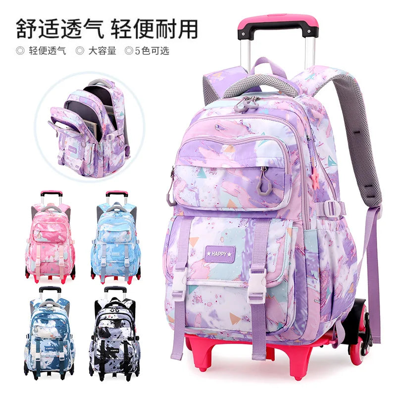 Rolling School Bags for Girls Backpack Children Waterproof School Backpacks with Wheels Middle School Trolley Luggage Back Pack