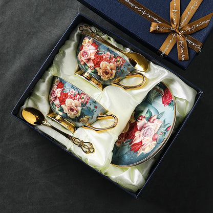 Rose Bone Exquisite Coffee Cup European Luxury Set with Spoon Ceramic High-End Elegant Retro Coffee Mug with Spoon