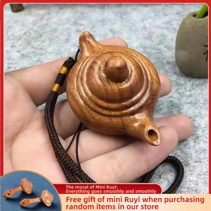 Rose Wood Carving Tea Kettle with Grip Handle Desk Home Ornaments Sculpture Modern Art Small Pendant Wooden Statue