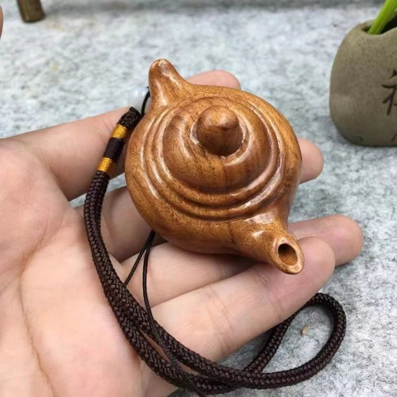 Rose Wood Carving Tea Kettle with Grip Handle Desk Home Ornaments Sculpture Modern Art Small Pendant Wooden Statue