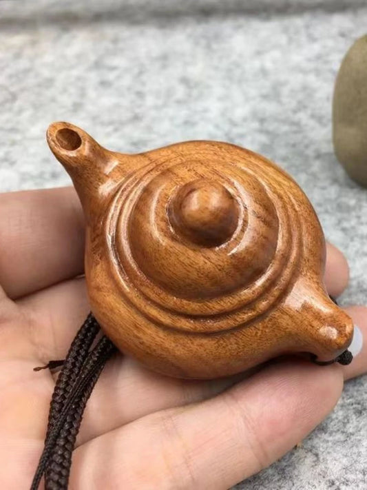 Rose Wood Carving Tea Kettle with Grip Handle Desk Home Ornaments Sculpture Modern Art Small Pendant Wooden Statue