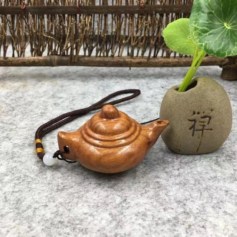 Rose Wood Carving Tea Kettle with Grip Handle Desk Home Ornaments Sculpture Modern Art Small Pendant Wooden Statue