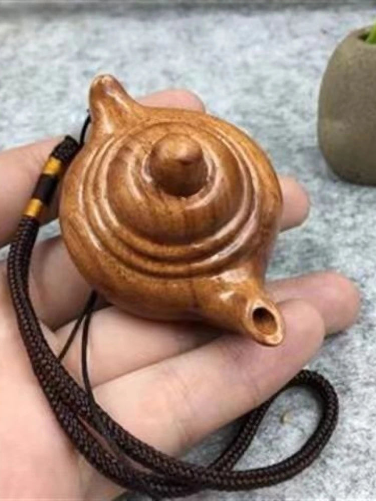 Rose Wood Carving Tea Kettle with Grip Handle Desk Home Ornaments Sculpture Modern Art Small Pendant Wooden Statue