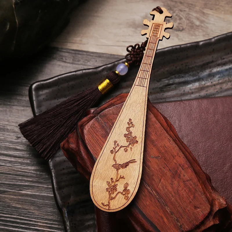 Rosewood Ebony Wood 13cm Chinese Lute Bookmarks Classical Book Pendant Car Hanging Feng Shui Chinese Retro Style Home Decor