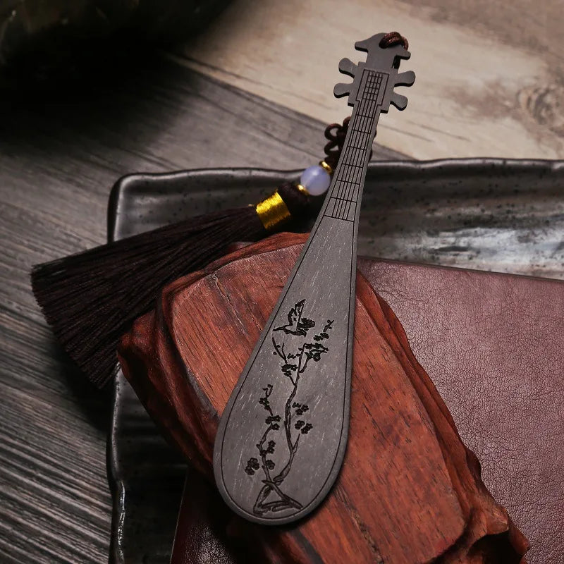 Rosewood Ebony Wood 13cm Chinese Lute Bookmarks Classical Book Pendant Car Hanging Feng Shui Chinese Retro Style Home Decor