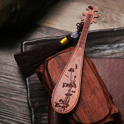 Rosewood Ebony Wood 13cm Chinese Lute Bookmarks Classical Book Pendant Car Hanging Feng Shui Chinese Retro Style Home Decor