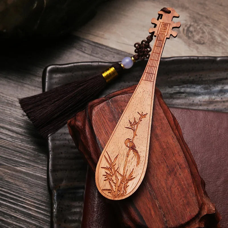 Rosewood Ebony Wood 13cm Chinese Lute Bookmarks Classical Book Pendant Car Hanging Feng Shui Chinese Retro Style Home Decor