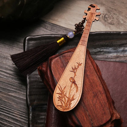 Rosewood Ebony Wood 13cm Chinese Lute Bookmarks Classical Book Pendant Car Hanging Feng Shui Chinese Retro Style Home Decor