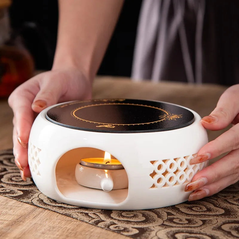 Round Candle Teapot Warmer Tea Heating Tea Pot Holder with Candle Tray for Coffee Milk