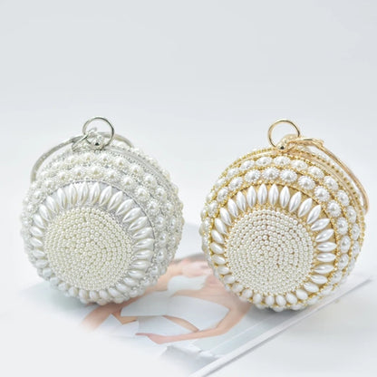 Round Clutch Purse Ball Shape Evening Clutch Bag Handbag Rings Handle Pearls Purse Evening Bag for Wedding Party Prom