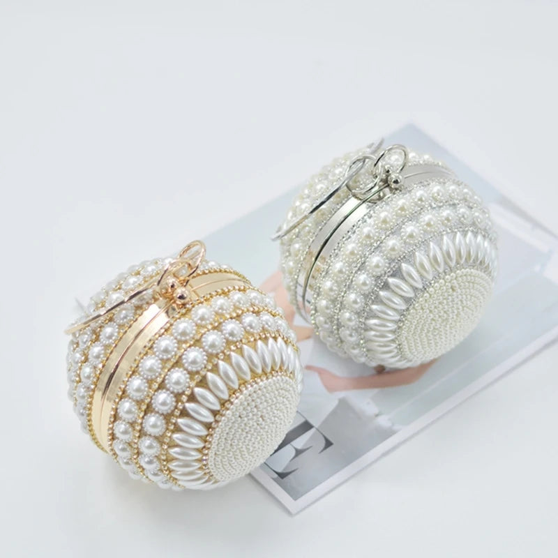 Round Clutch Purse Ball Shape Evening Clutch Bag Handbag Rings Handle Pearls Purse Evening Bag for Wedding Party Prom