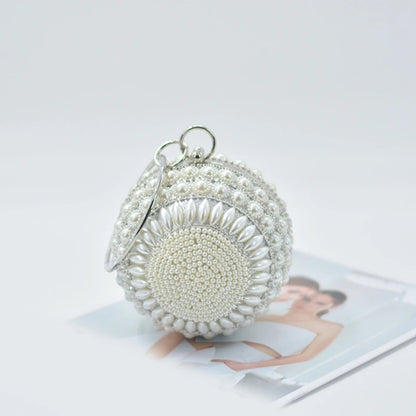 Round Clutch Purse Ball Shape Evening Clutch Bag Handbag Rings Handle Pearls Purse Evening Bag for Wedding Party Prom