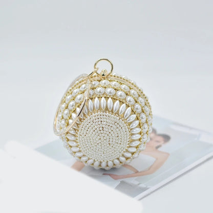 Round Clutch Purse Ball Shape Evening Clutch Bag Handbag Rings Handle Pearls Purse Evening Bag for Wedding Party Prom