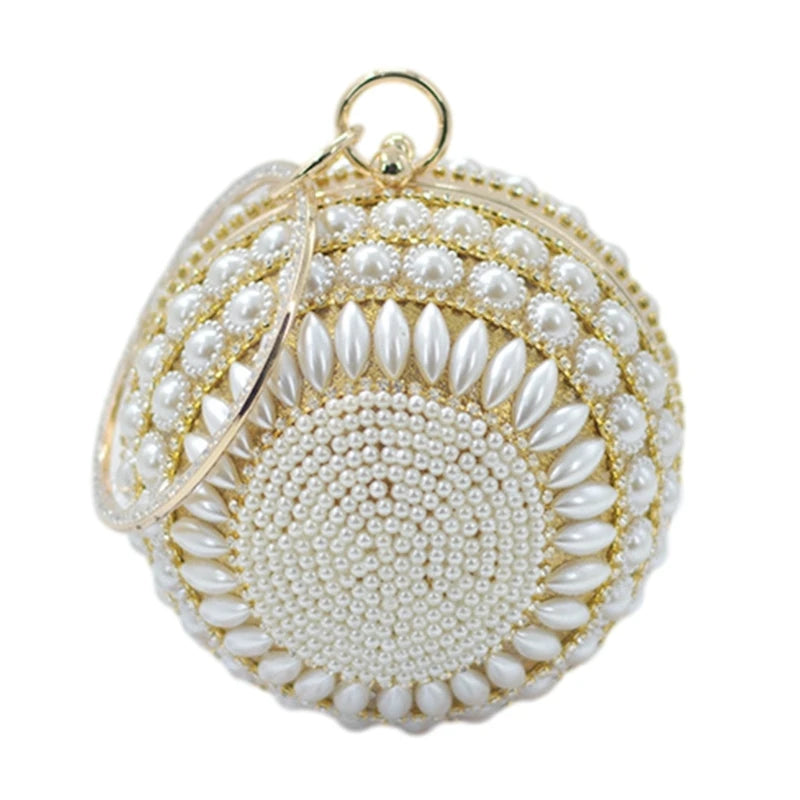 Round Clutch Purse Ball Shape Evening Clutch Bag Handbag Rings Handle Pearls Purse Evening Bag for Wedding Party Prom