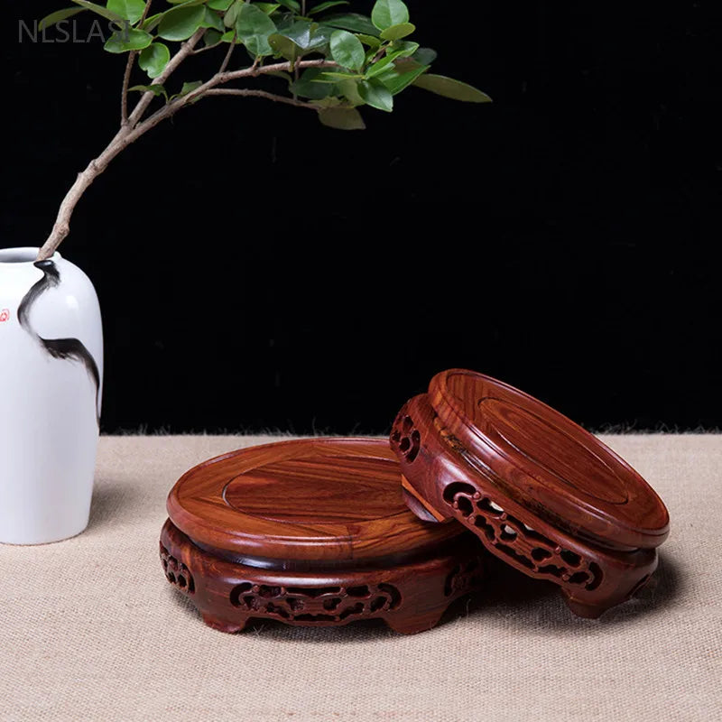 Round Red Rosewood Base Chinese Solid Wood Hollow Decoration Buddha Flower Pot Fish Tank Base Home Crafts Accessories